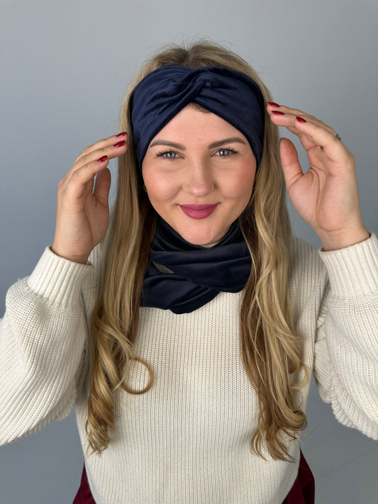 Tamsiai mėlyna veliūro galvajuostė