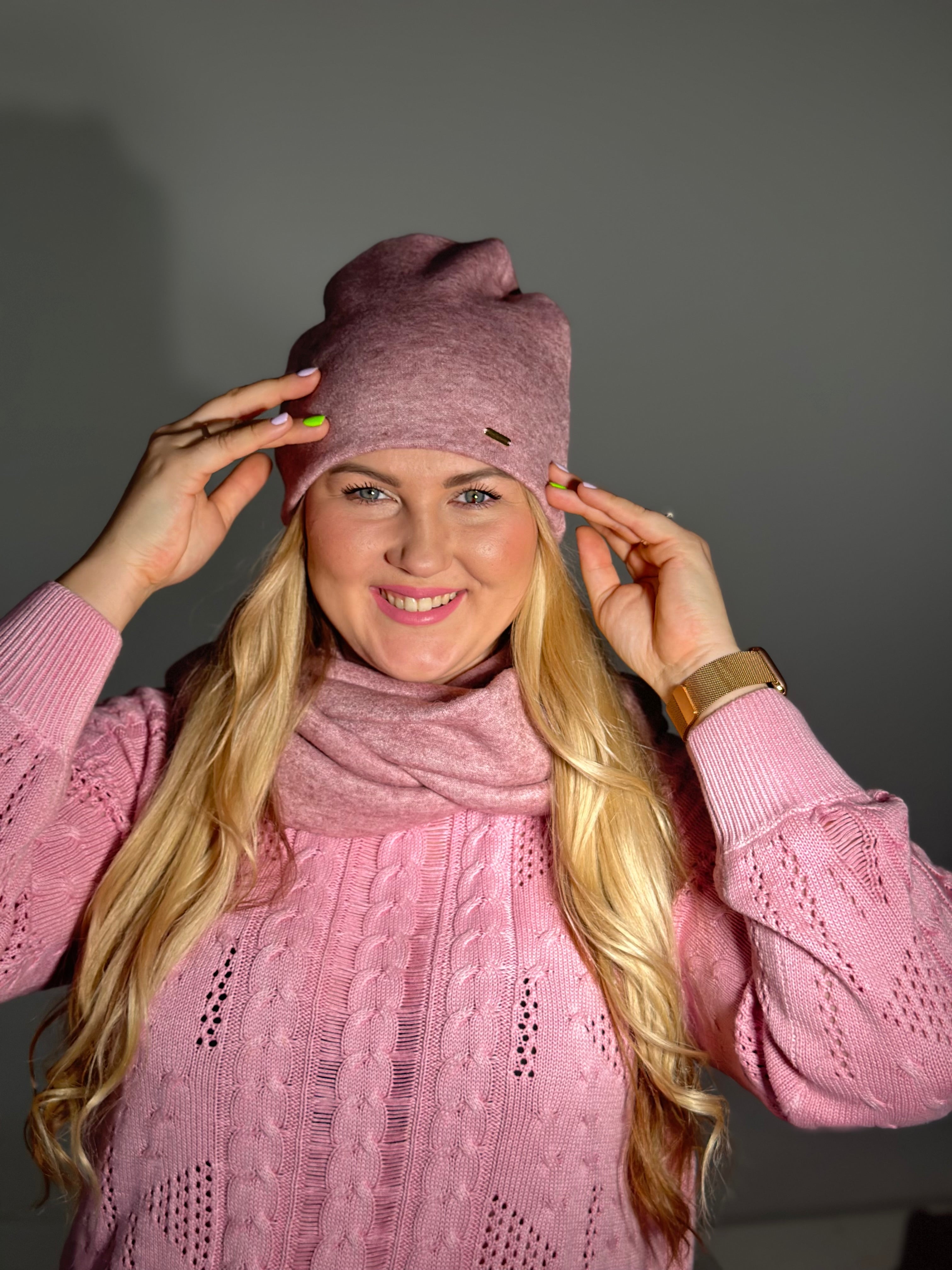 Merino vilnos rožinė dviguba kepurė